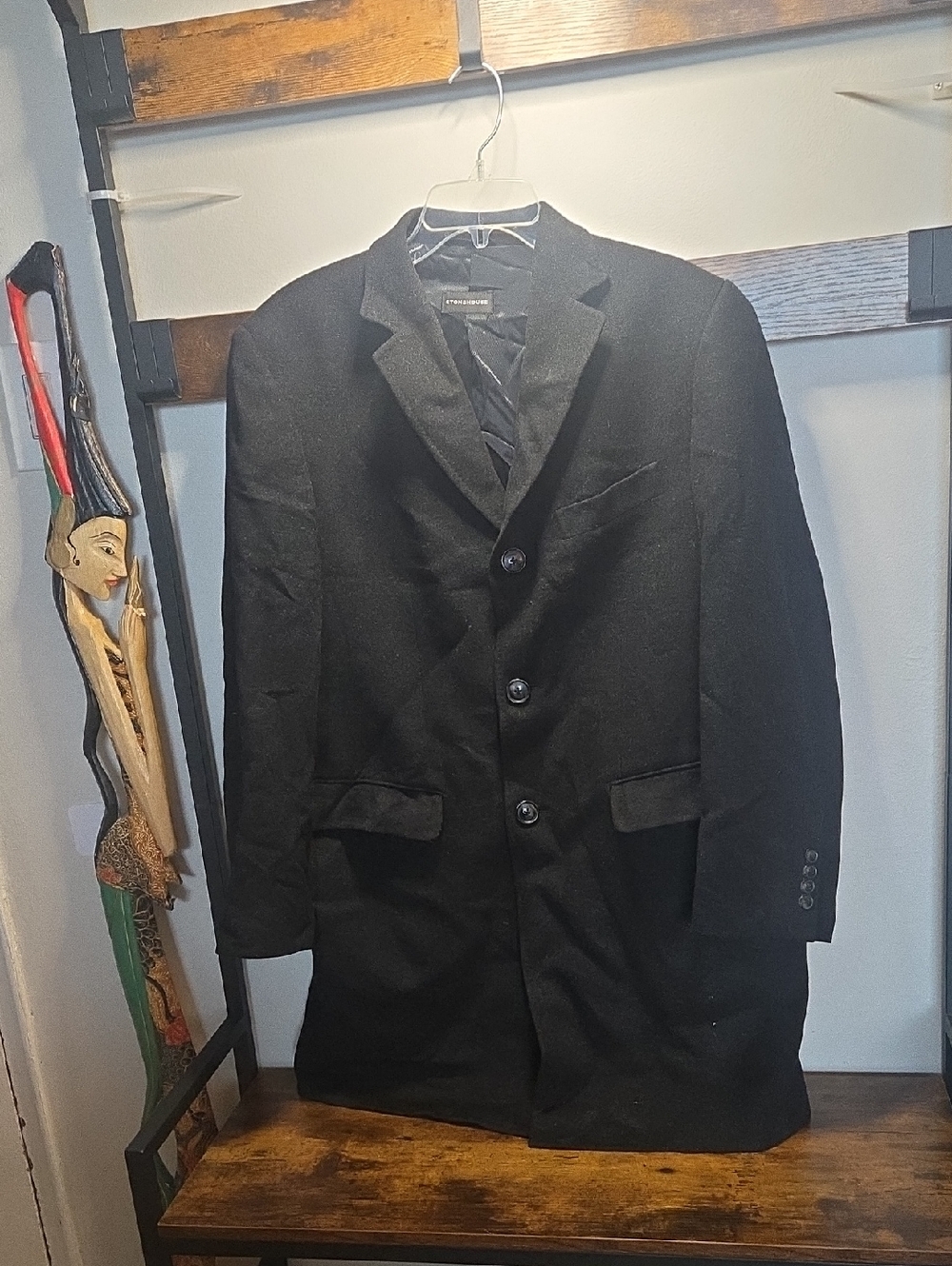 Men's Black Wool Blend Pea Coat - Classic Tailored Overcoat